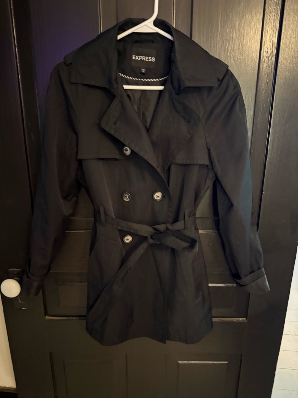 Express Black Double-Breasted Trench Coat with Waist Tie